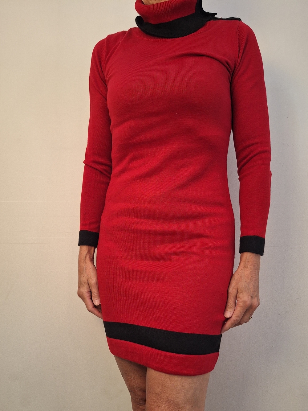 Ellen Tracy Red Turtleneck Long-Sleeve Bodycon Dress with Black Trim S